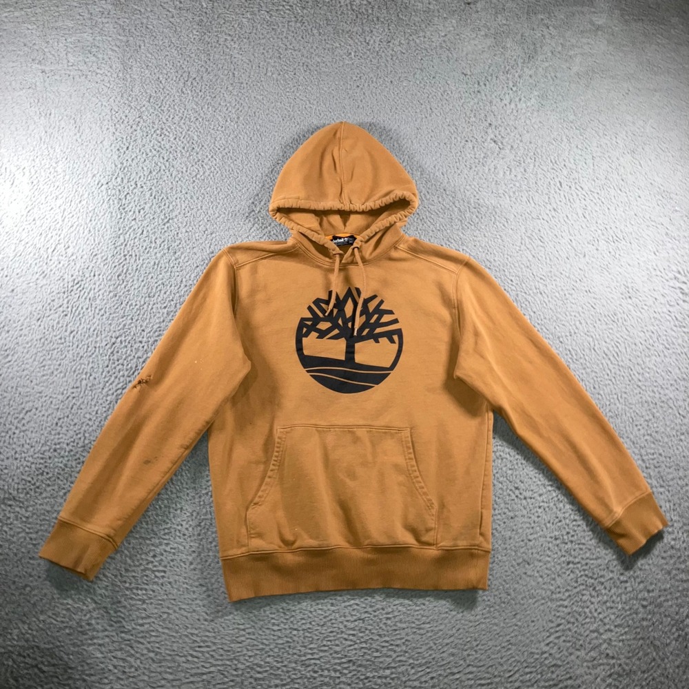 Timberland Hoodie Mens M Wheat Yellow Distressed Big Logo Grunge Street Thrashed